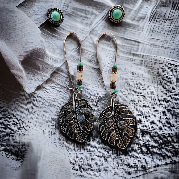 Boho Silver Tone Aqua Beaded Leaf Dangle Earrings and Turquoise Studs - Picture 11 of 16